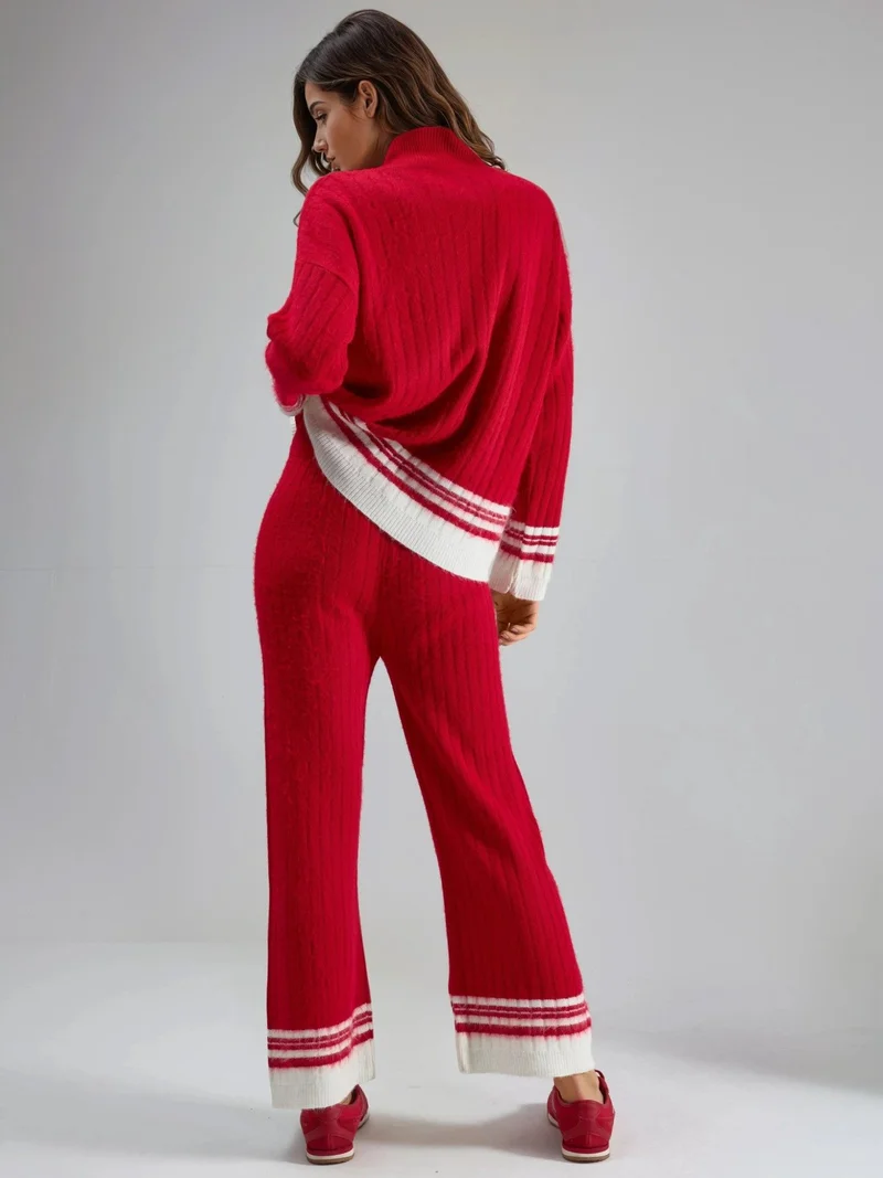 My Fashion Red MY FASHION Striped Ribbed Knit Co-Ord Set with Half Turtleneck for Women | Best Price UAE